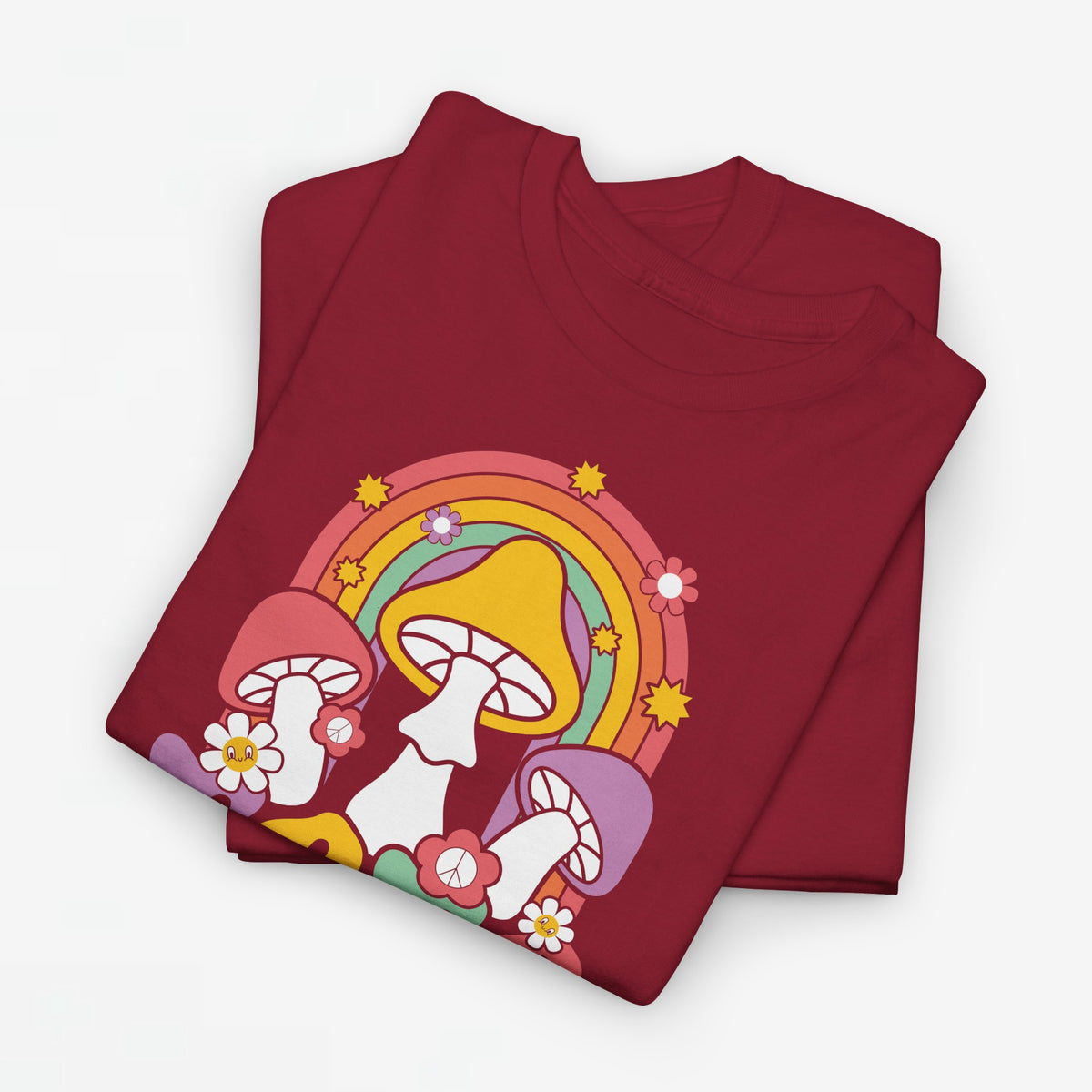 Rood oversize T-shirt met regenboog- en paddenstoelprint met bloemen