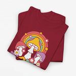 Rood oversize T-shirt met regenboog- en paddenstoelprint met bloemen