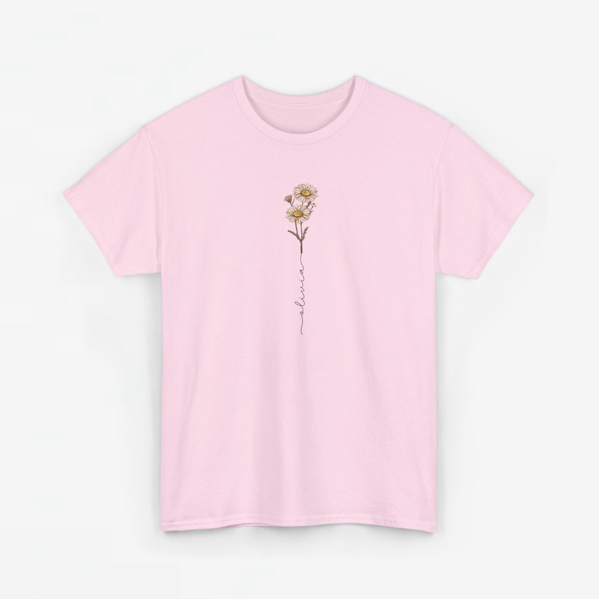 Roze T-shirt met verticale bloemprint op de borst