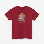 Rood T-shirt met bloemenboeketprint en 'FAMILIE JANSEN' op de borst