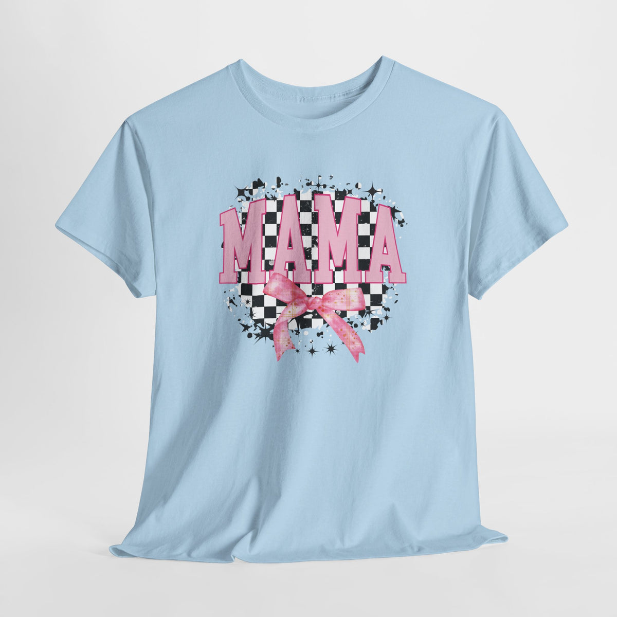 Lichtblauw T-shirt met 'MAMA' borstprint en roze strikboog