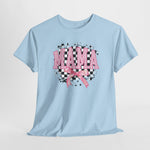 Lichtblauw T-shirt met 'MAMA' borstprint en roze strikboog