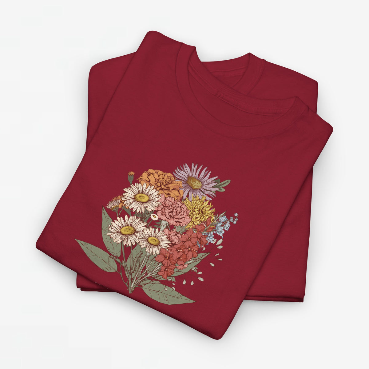 Rode T-shirt met kleurrijke bloemenboeketprint op de borst