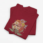 Rode T-shirt met kleurrijke bloemenboeketprint op de borst