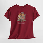 Rood T-shirt met grote bloemenboeketprint en 'FAMILIE JANSEN' op de borst