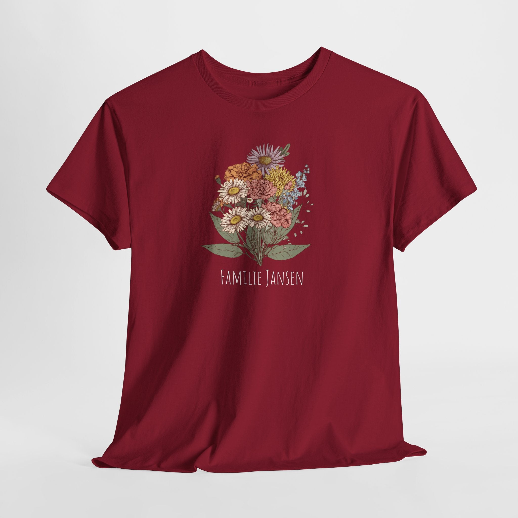 Gepersonaliseerde Moederdag Mama Cadeau - T-shirt - Familie Bloemen boeket met geboortemaand bloemen (witte tekst)