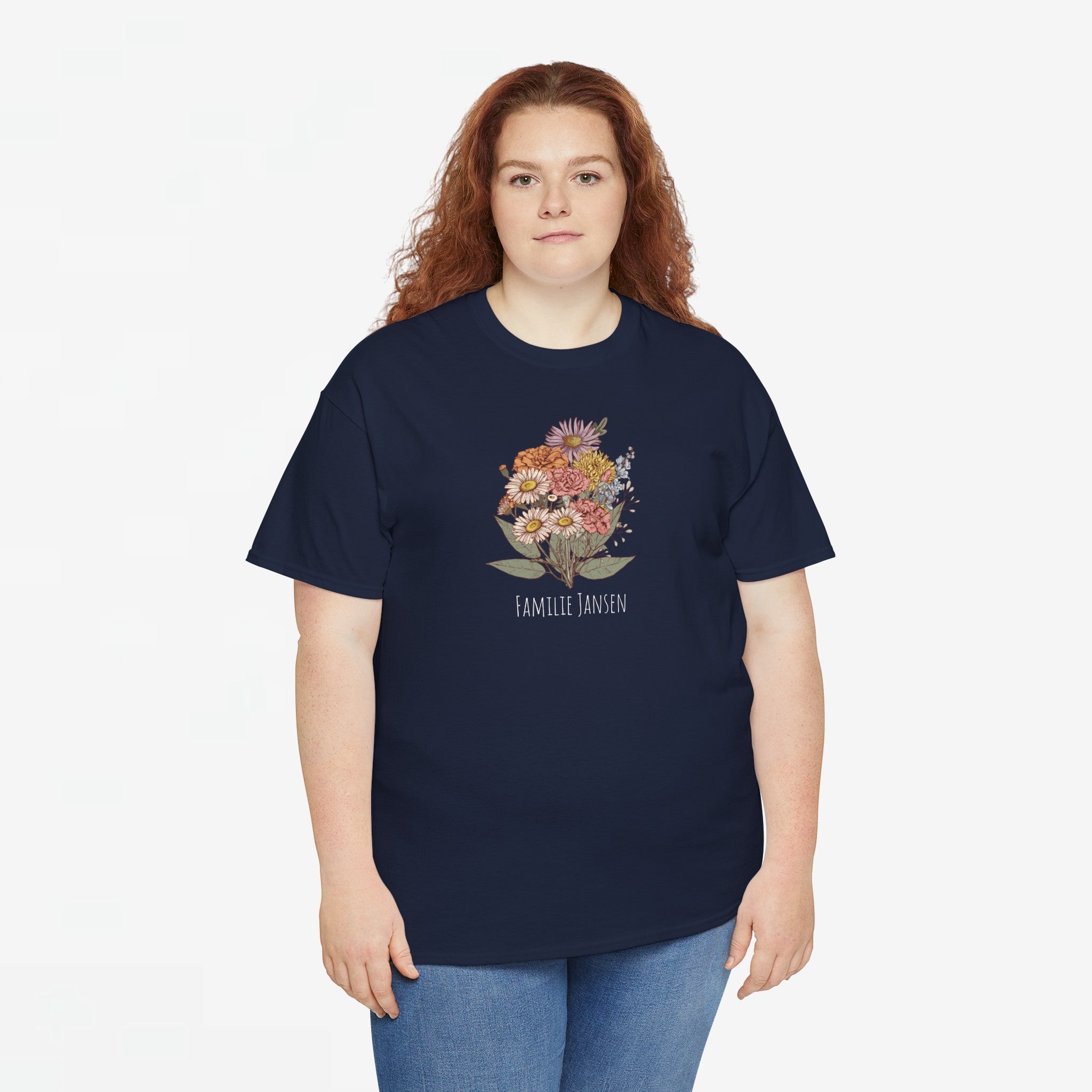 Gepersonaliseerde Moederdag Mama Cadeau - T-shirt - Familie Bloemen boeket met geboortemaand bloemen (witte tekst)