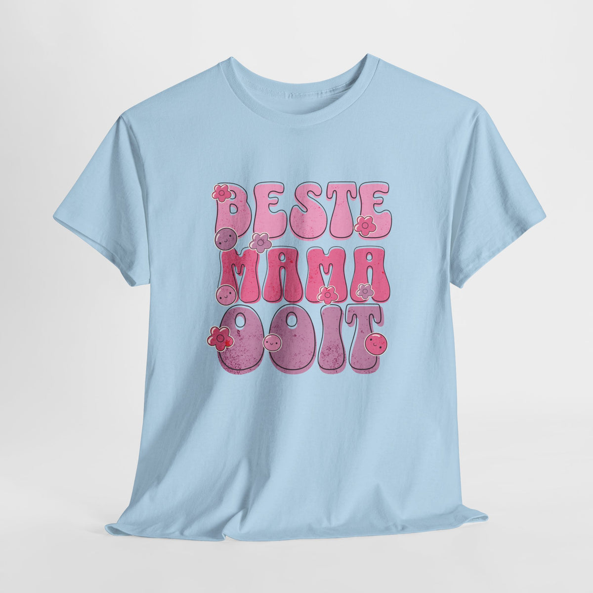 Lichtblauw T-shirt met ronde hals en roze opdruk "BESTE MAMA Ooit"