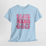 Lichtblauw T-shirt met ronde hals en roze opdruk "BESTE MAMA Ooit"