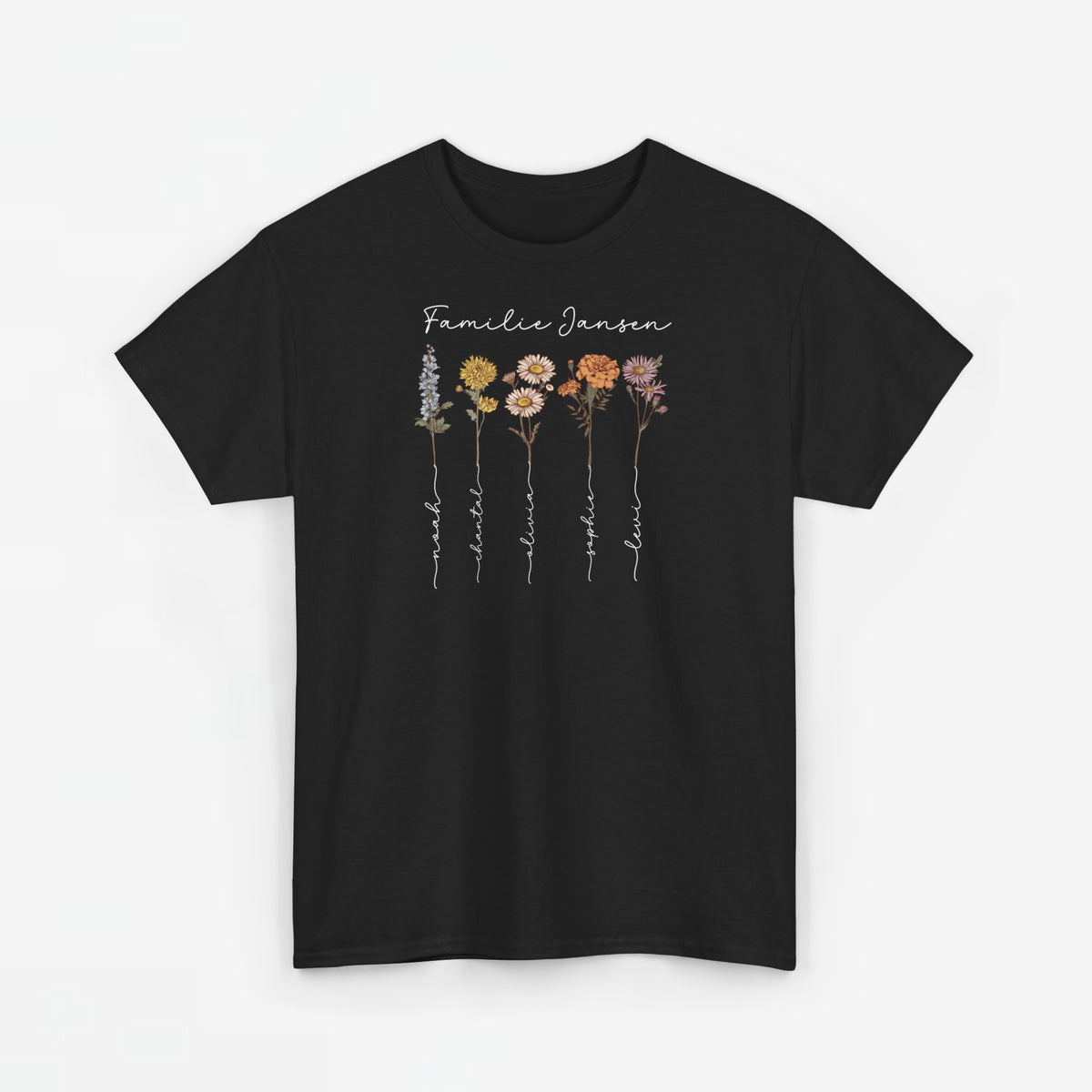 Zwart t-shirt met Familie Janssen en bloemenprint, korte mouwen