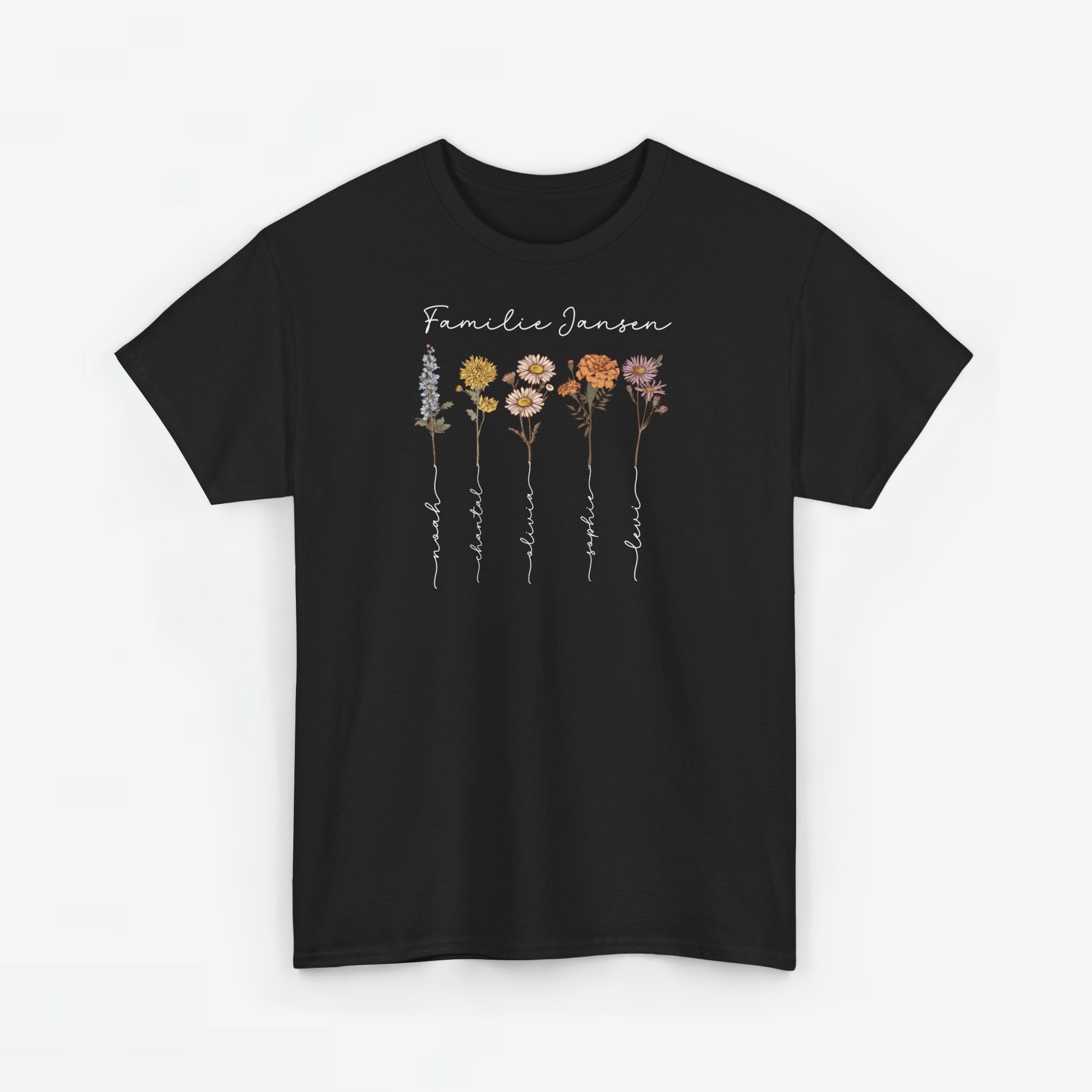 Gepersonaliseerde Moederdag Mama Cadeau - T-shirt - Familienaam met namen en geboortemaand bloemen