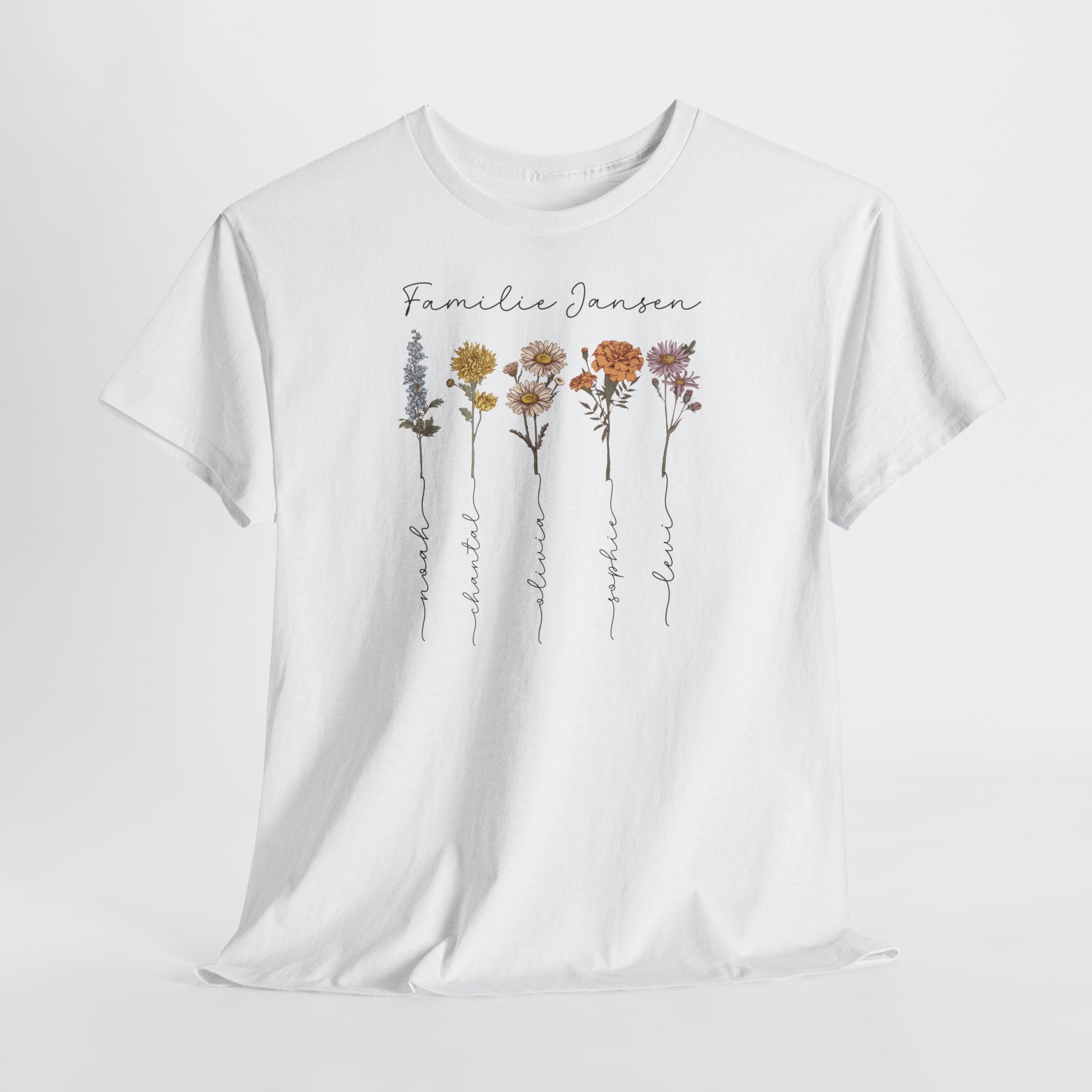 Gepersonaliseerde Moederdag Mama Cadeau - T-shirt - Familienaam met namen en geboortemaand bloemen