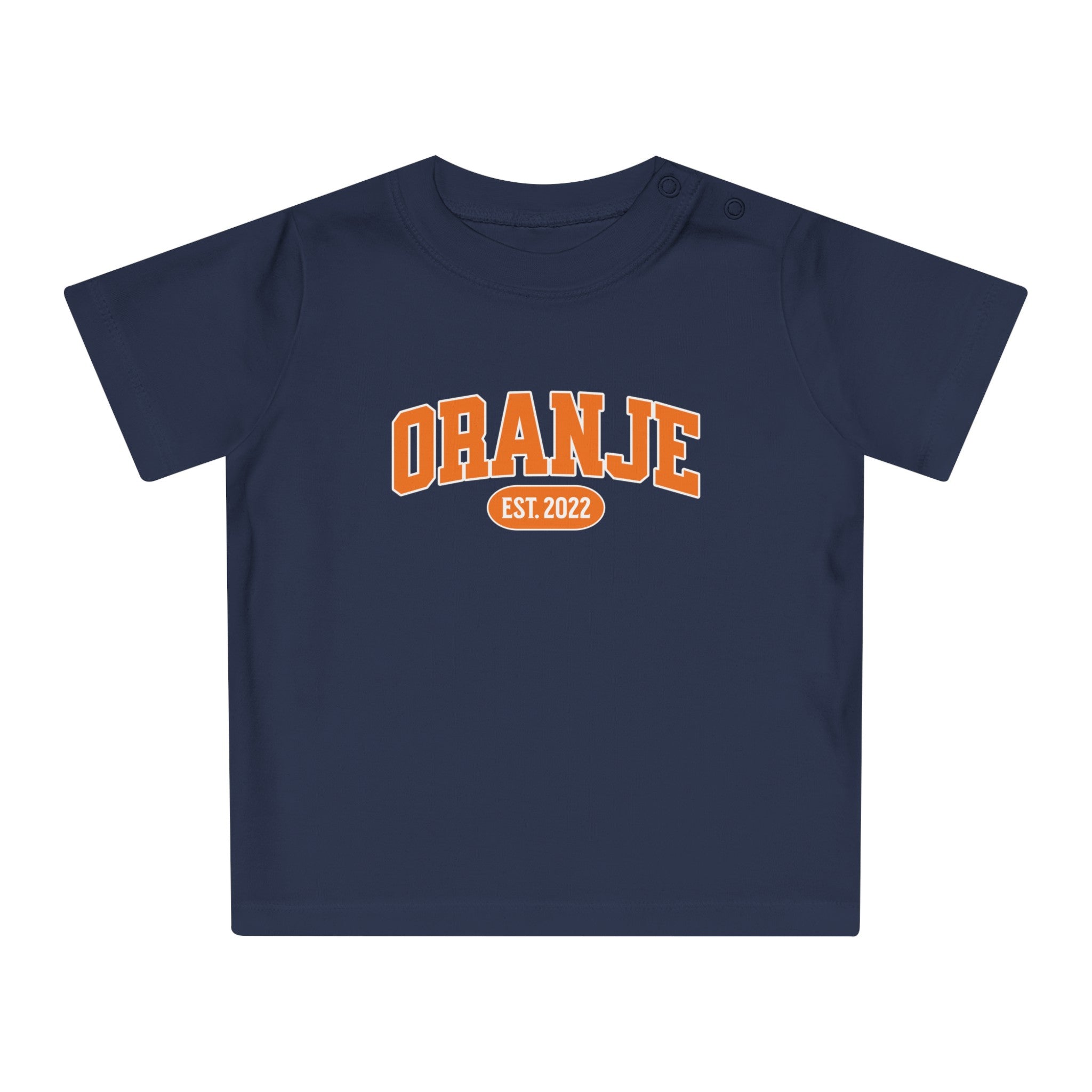 Baby T-shirt voor EK, WK en Koningsdag - Personaliseer met Naam, Jaar & Rugnummer - ORANJE