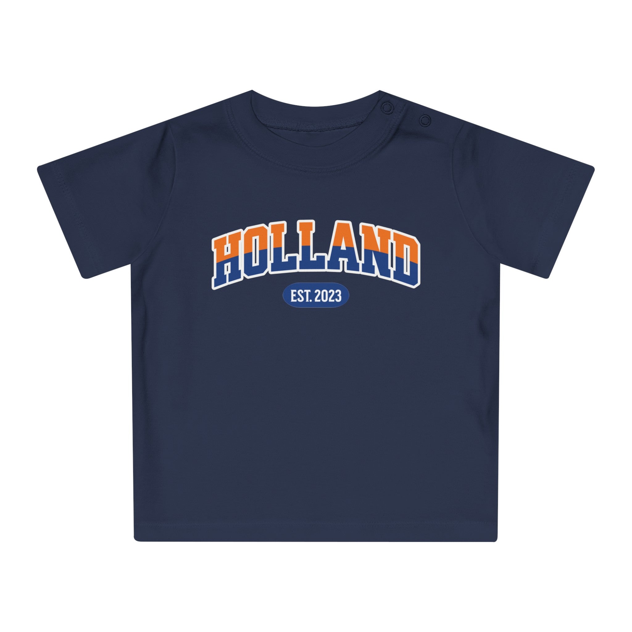 Baby T-shirt voor EK, WK en Koningsdag - Personaliseer met Naam, Jaar & Rugnummer - HOLLAND (oranje en blauwe tekst)