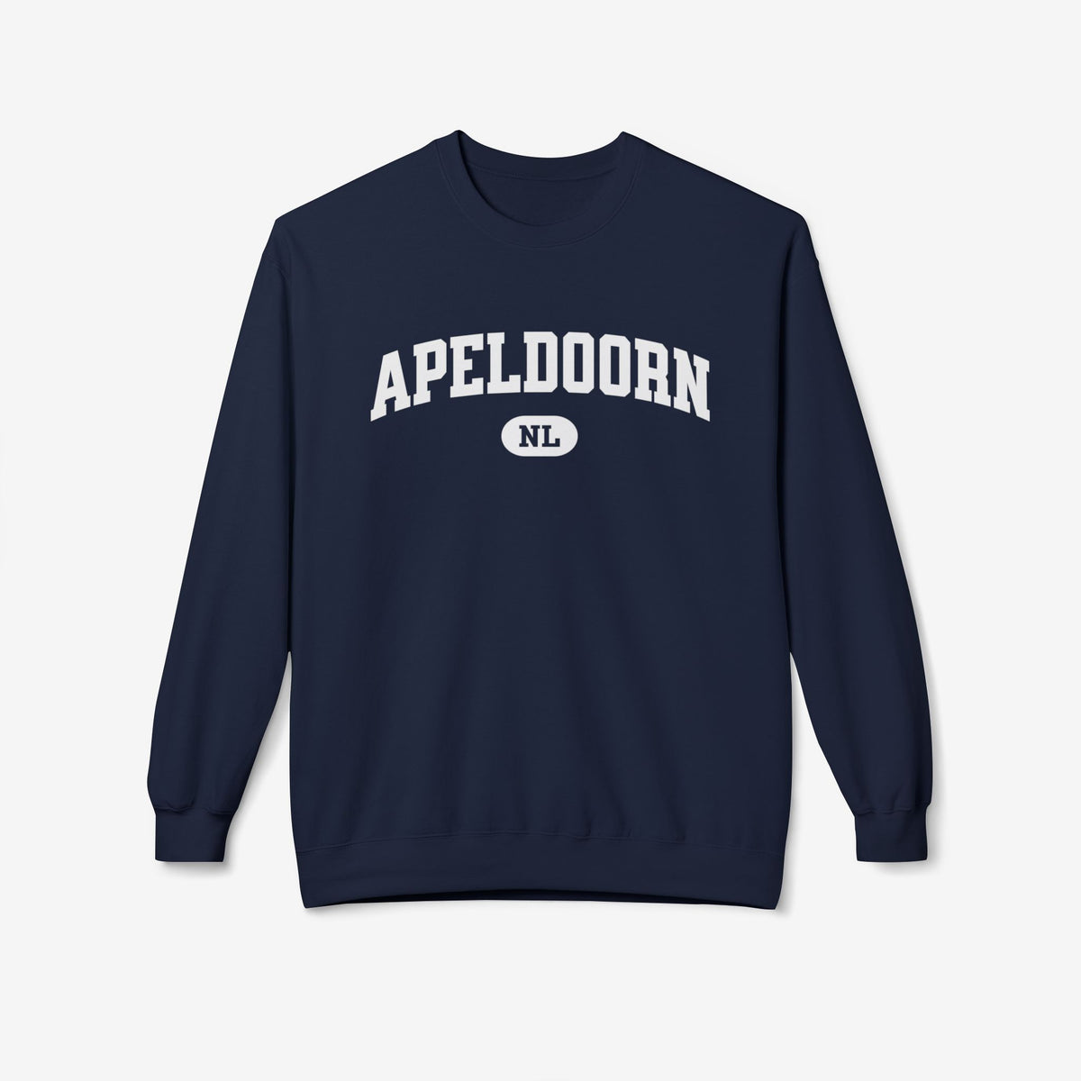 Navy varsity sweater met grote tekstprint en ronde NL-badge