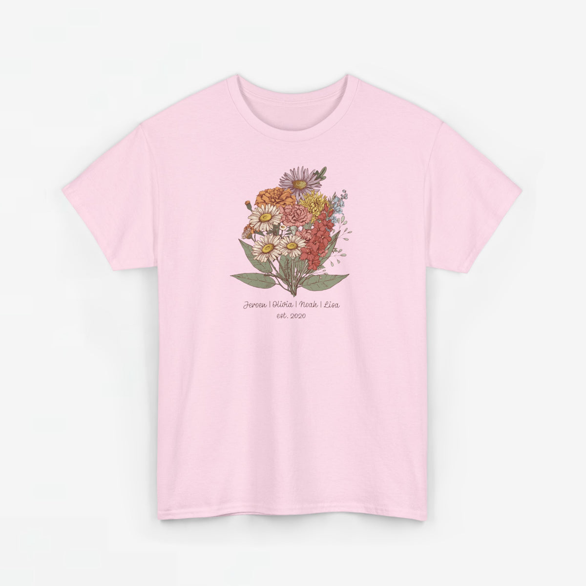 Roze kind/maat T-shirt met kleurrijke bloemenboeketprint en ondertekst