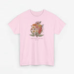Roze kind/maat T-shirt met kleurrijke bloemenboeketprint en ondertekst