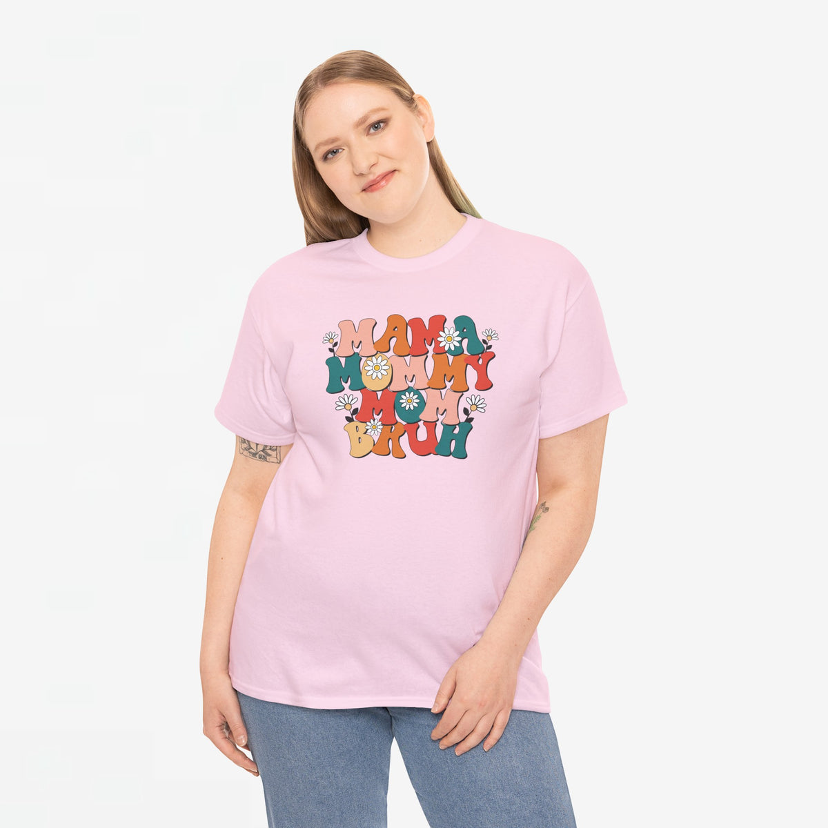 Oversized roze t-shirt met ronde hals en Mama/Mommy/Bruh print