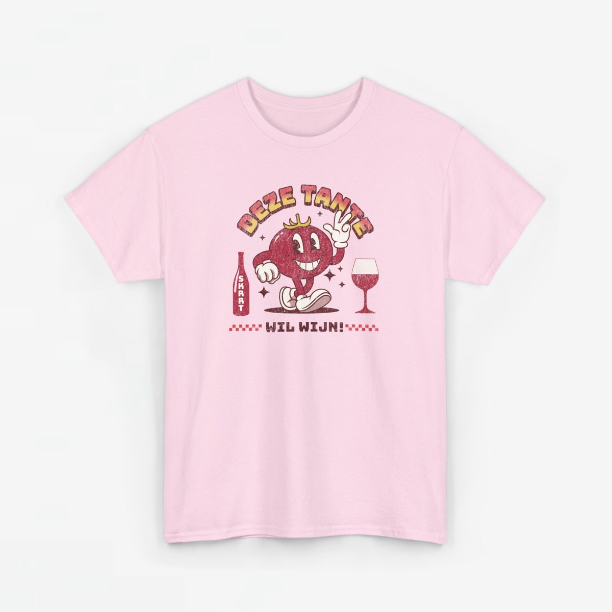 Roze T-shirt met rode stripfiguur- en wijnglasprint op de borst