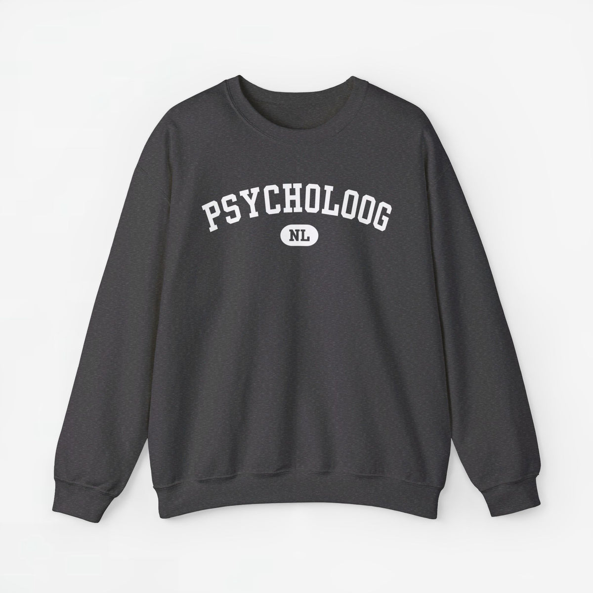 Grijze sweater met ronde hals en PSYCHOLOGOOG NL-print op de borst