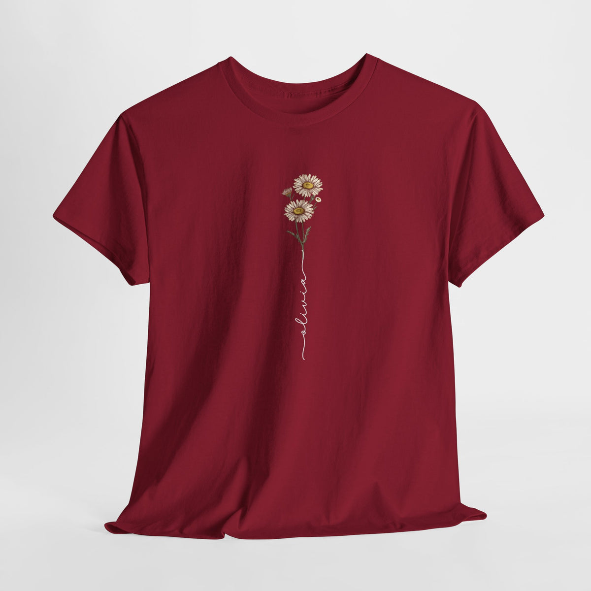 Bordeauxrode t-shirt met geboortemaandbloem applicatie en sierlijke naamprint