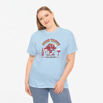 Lichtblauw oversized T-shirt met rode wijnkrabprint op de borst