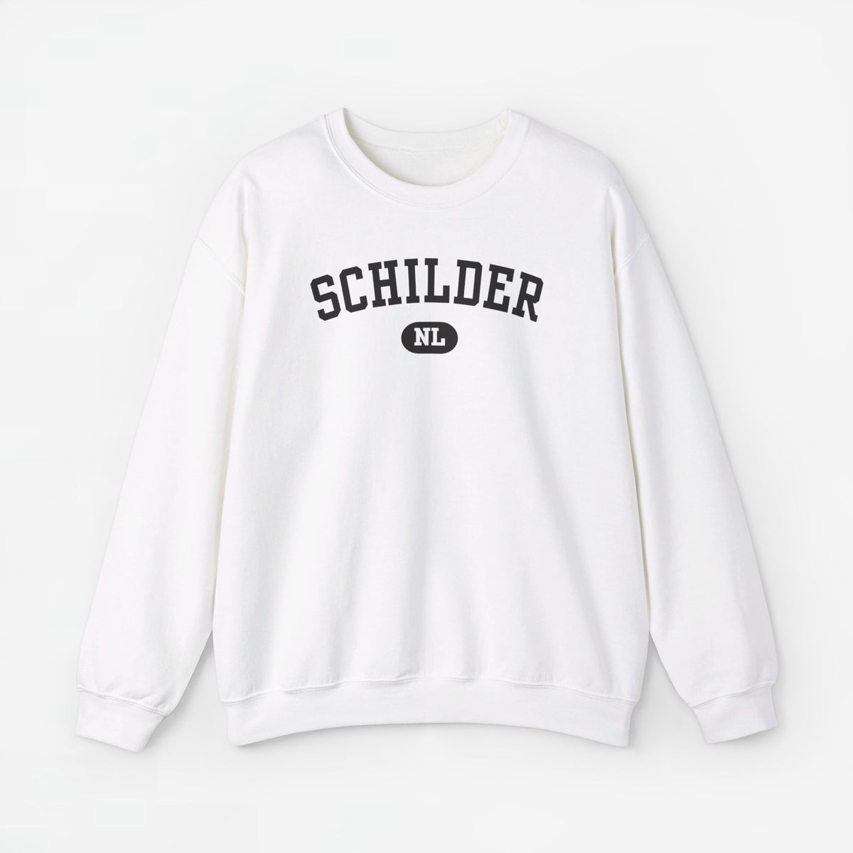 Witte trui met ronde hals en borstprint 'SCHILDER' met NL-label
