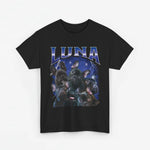Zwarte T-shirt met LUNA-opdruk en collage van zwarte honden op borst.