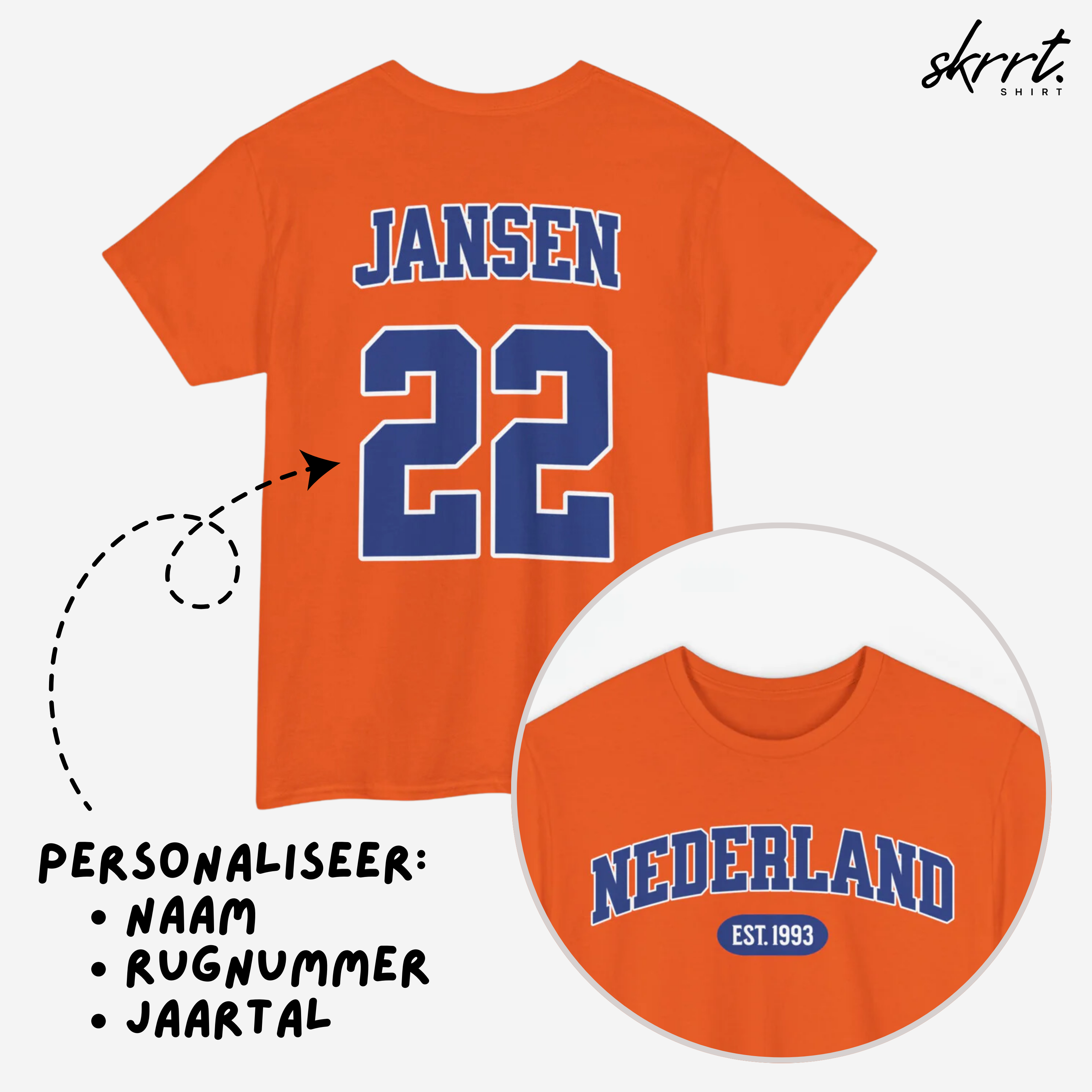 Oranje T-shirt voor EK, WK en Koningsdag - Personaliseer met Naam, Jaar & Rugnummer - NEDERLAND (blauwe tekst)