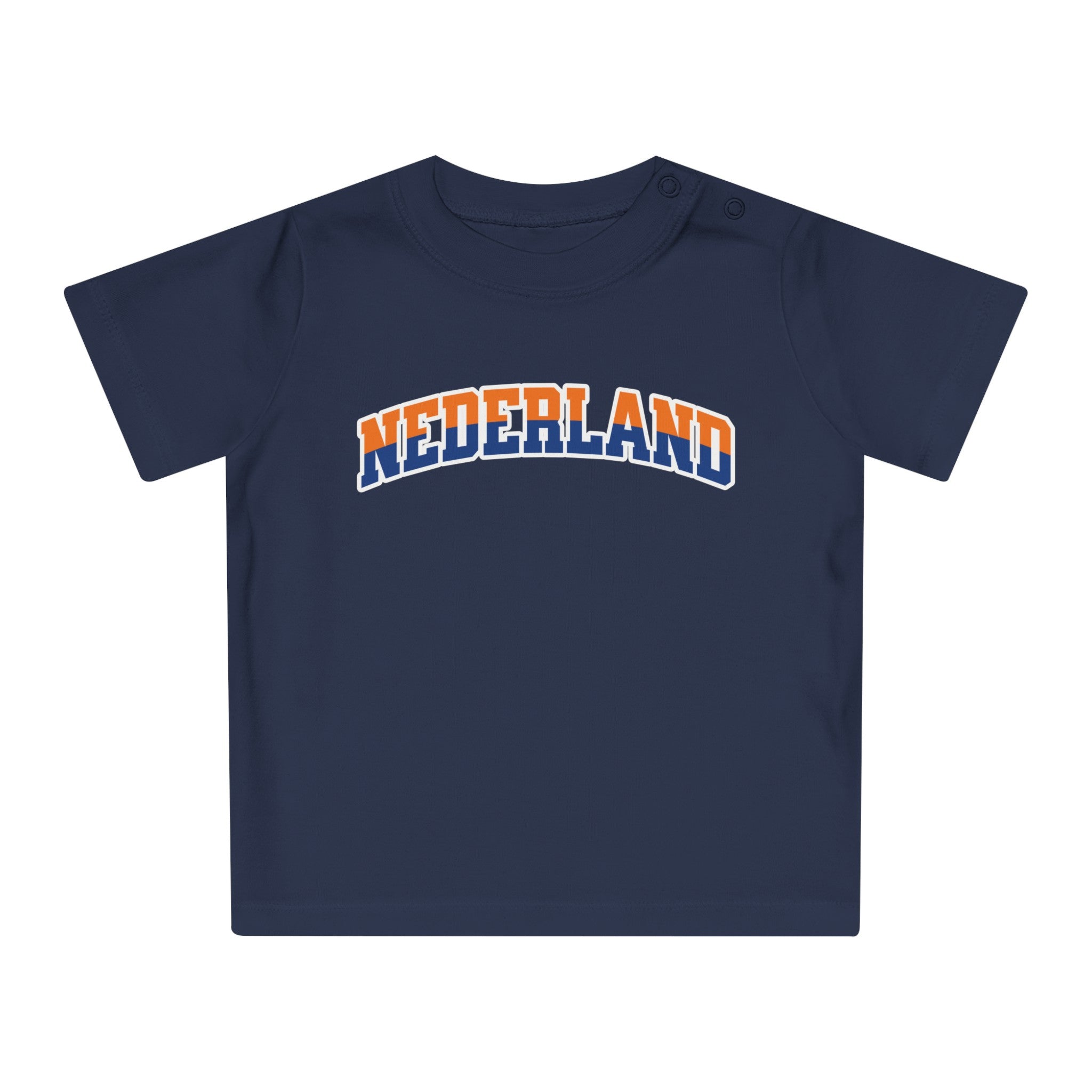 Baby T-shirt voor EK, WK en Koningsdag - NEDERLAND - oranje en blauwe tekst