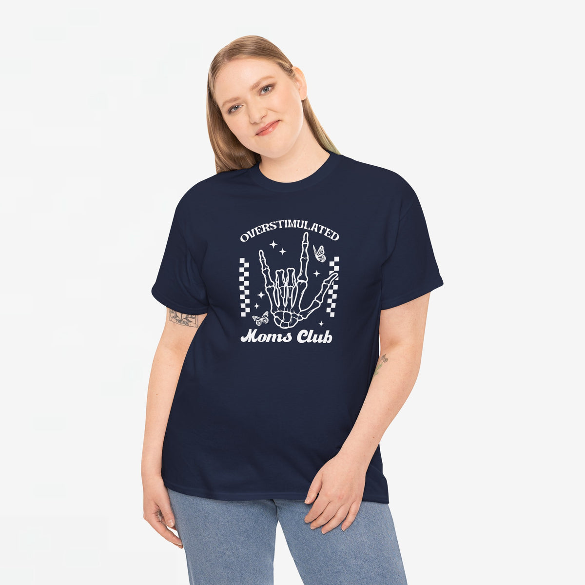 Donkere (blauwn) oversized t-shirt met witte 'Moms Club' handprint op de borst