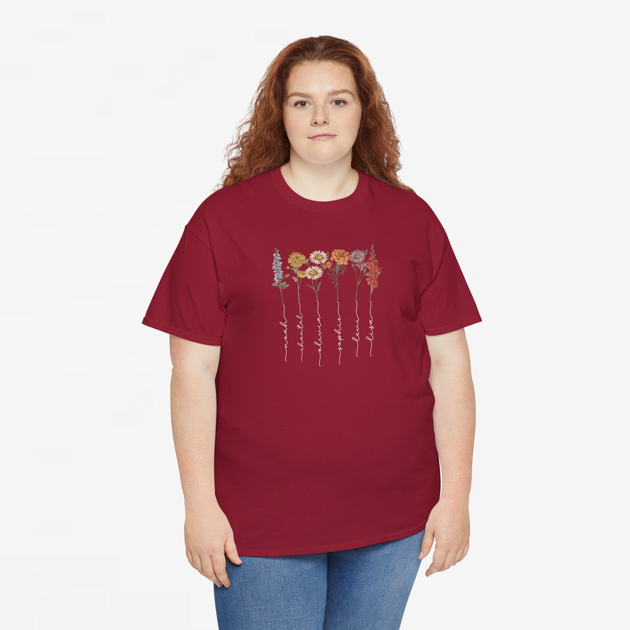 Gepersonaliseerde Moederdag Mama Cadeau - T-shirt - Geboortemaand bloemen met namen (witte tekst)