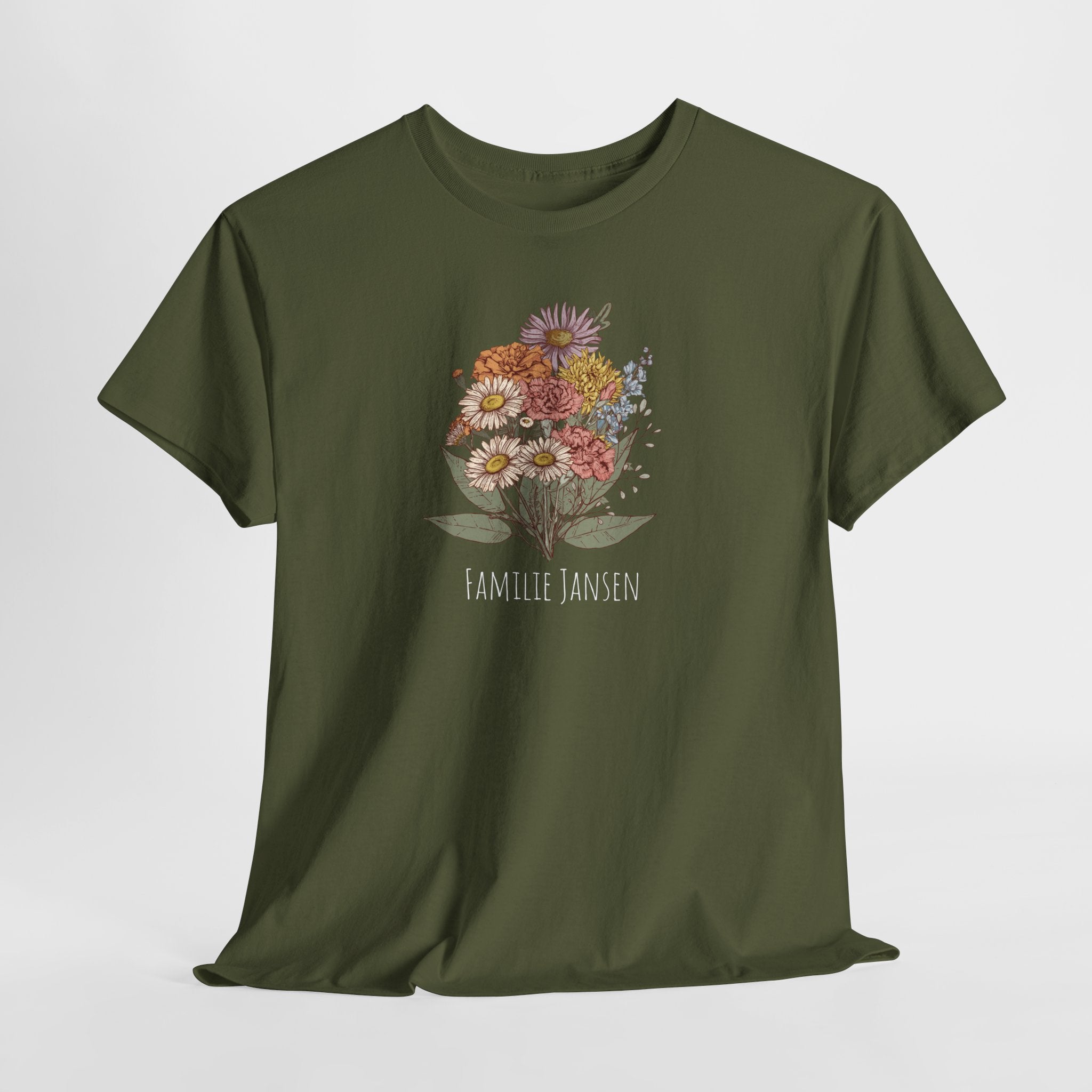 Gepersonaliseerde Moederdag Mama Cadeau - T-shirt - Familie Bloemen boeket met geboortemaand bloemen (witte tekst)