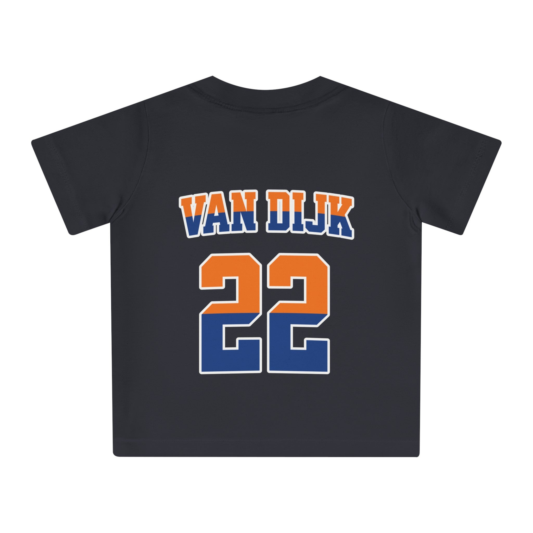 Baby T-shirt voor EK, WK en Koningsdag - Personaliseer met Naam, Jaar & Rugnummer - HOLLAND (oranje en blauwe tekst)