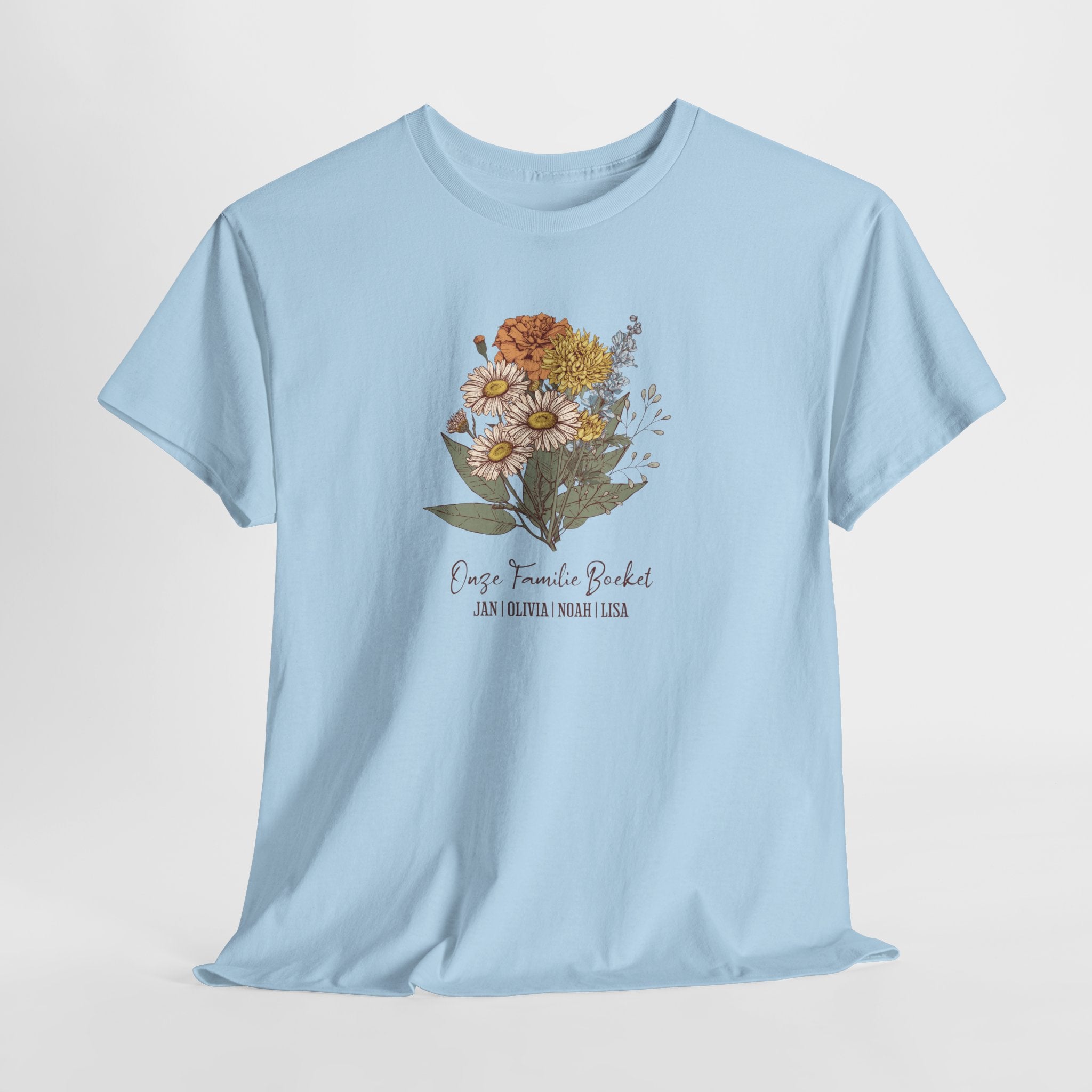 Gepersonaliseerde Moederdag Mama Cadeau - T-shirt - Ons familieboeket met namen en geboortemaand bloemen
