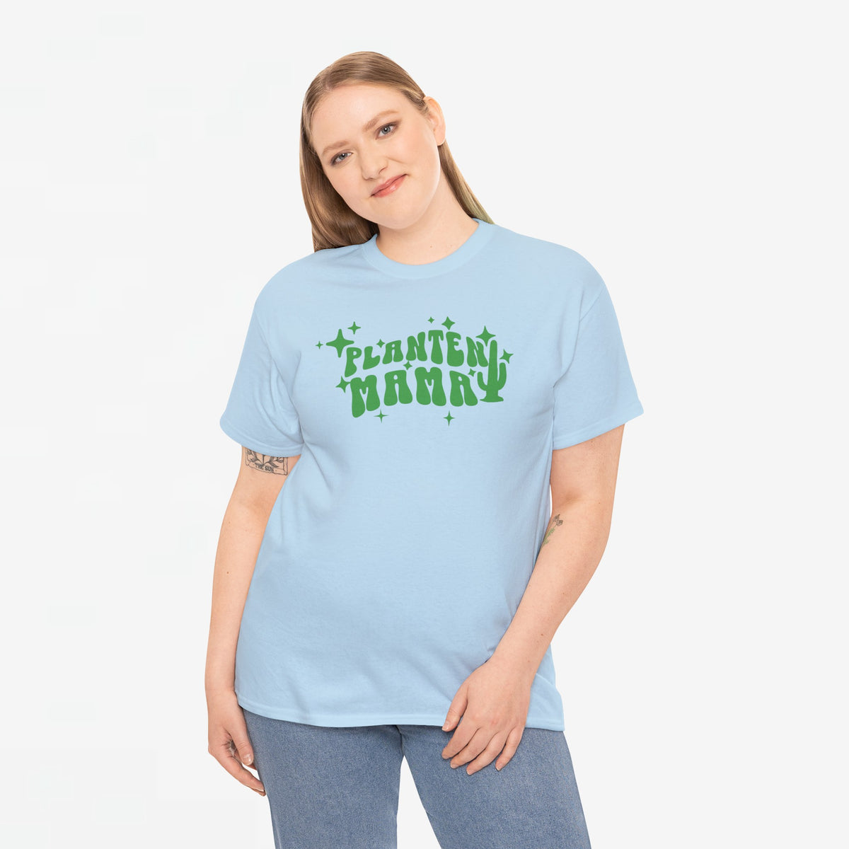 Lichtblauw oversized T-shirt met groene 'Planten Mama' print op de borst