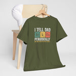 Legergroen T-shirt met opdruk I TELL DAD JOKES PERIODICALLY, op houten hanger