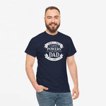 Donkerblauw T-shirt met korte mouwen en ronde hals, met witte opdruk 'Super Powers' en 'Dad'