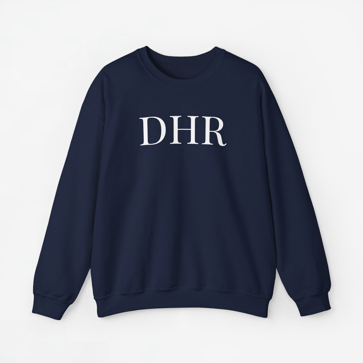 Donkerblauwe sweatshirt met opdruk DHR, ronde hals en lange mouwen.