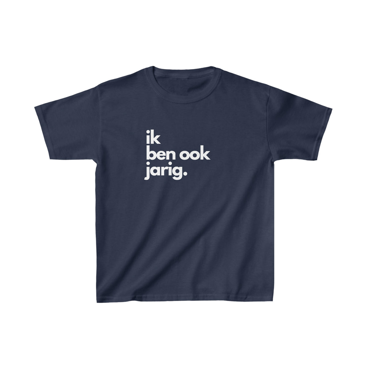 Donkerblauw kinder T-shirt met voorprint 'ik ben ook jarig.'