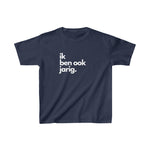 Donkerblauw kinder T-shirt met voorprint 'ik ben ook jarig.'