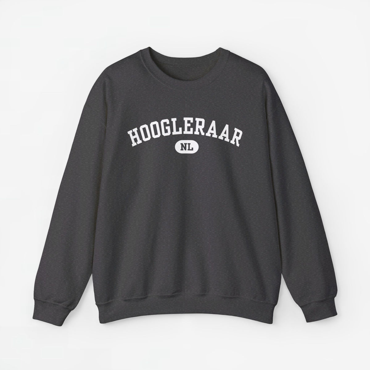 Donkergrijze sweater met ronde hals en lange mouwen, HOOGLEERAAR-print op borst
