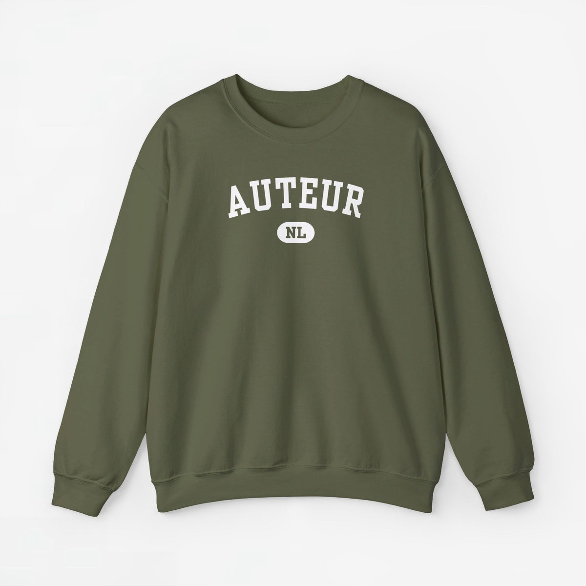 Legergroene sweater met ronde hals en borstprint 'AUTEUR' NL.
