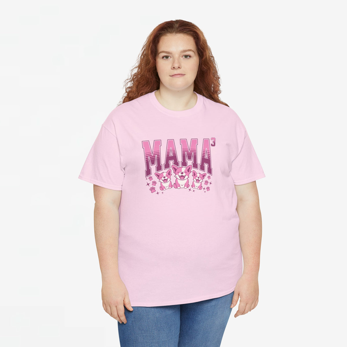 Roze oversized T-shirt met borstprint “MAMA” en drie kleine hondenfiguren