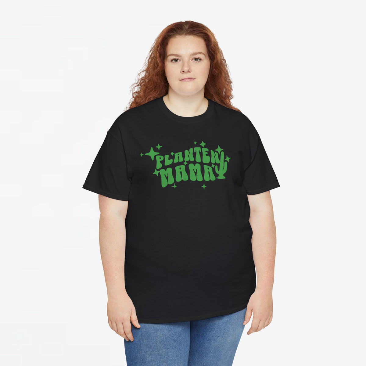 Zwart T-shirt met groene 'Planten Mamma'-print op de borst, rechte zoom