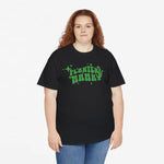 Zwart T-shirt met groene 'Planten Mamma'-print op de borst, rechte zoom