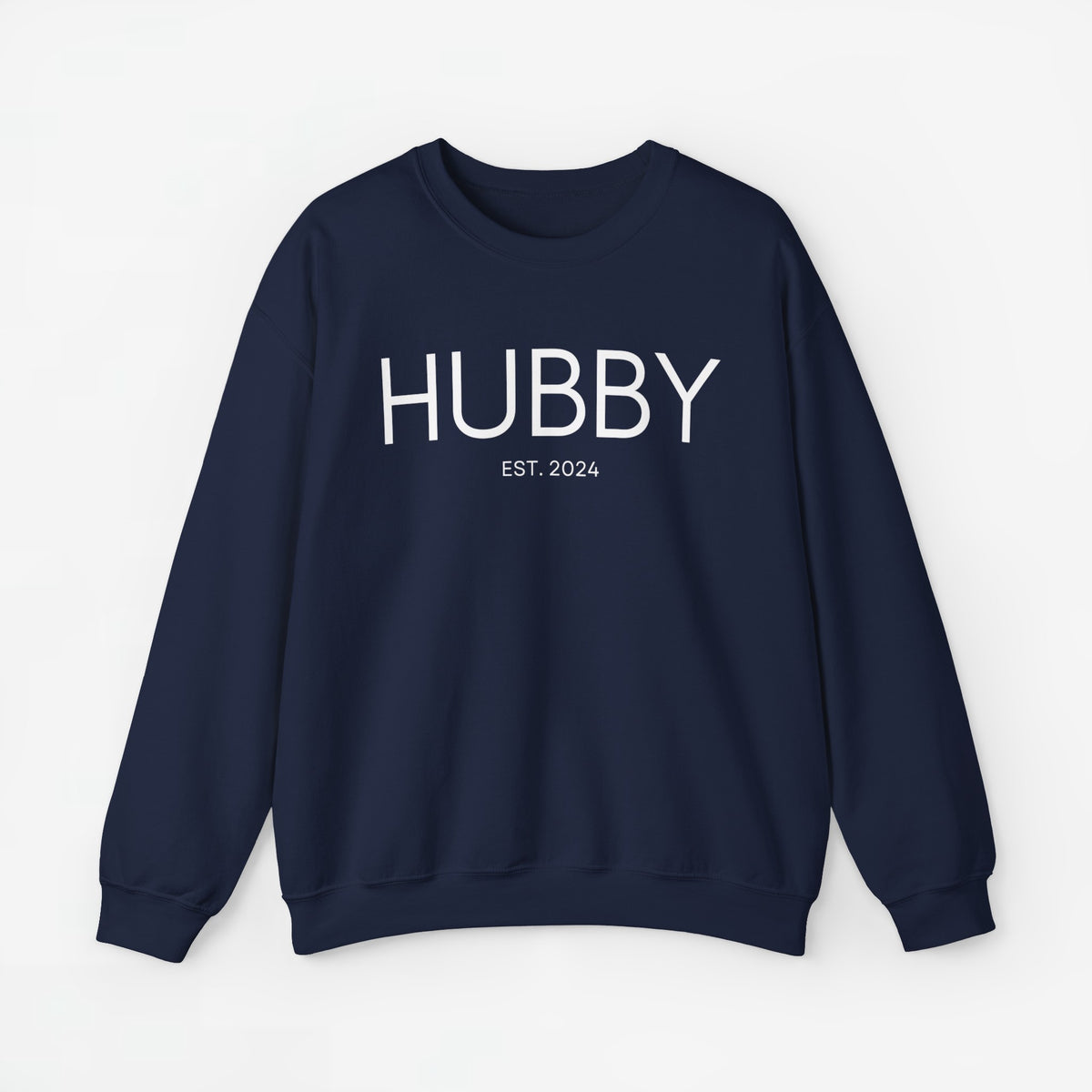 Donkerblauwe sweater met borstopdruk HUBBY en EST. 2024, lange mouwen