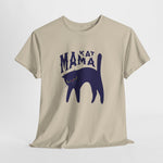 Beige oversized T-shirt met paarse kattenprint en tekst 'KAT MAMA'.