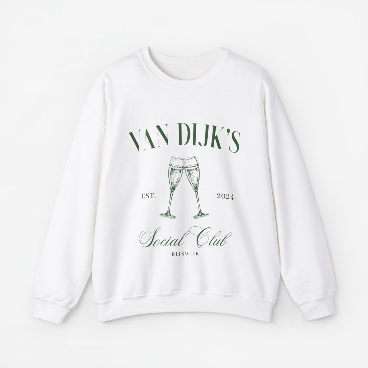Witte sweatshirt met opdruk VAN DIJK'S Social Club en twee champagneglazen