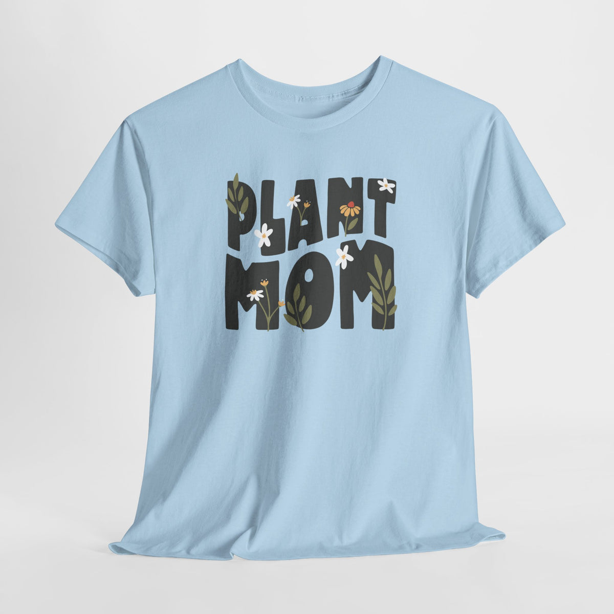 Blauwe t-shirt met ‘PLANT MOM’ plantopdruk op de borst en ronde hals
